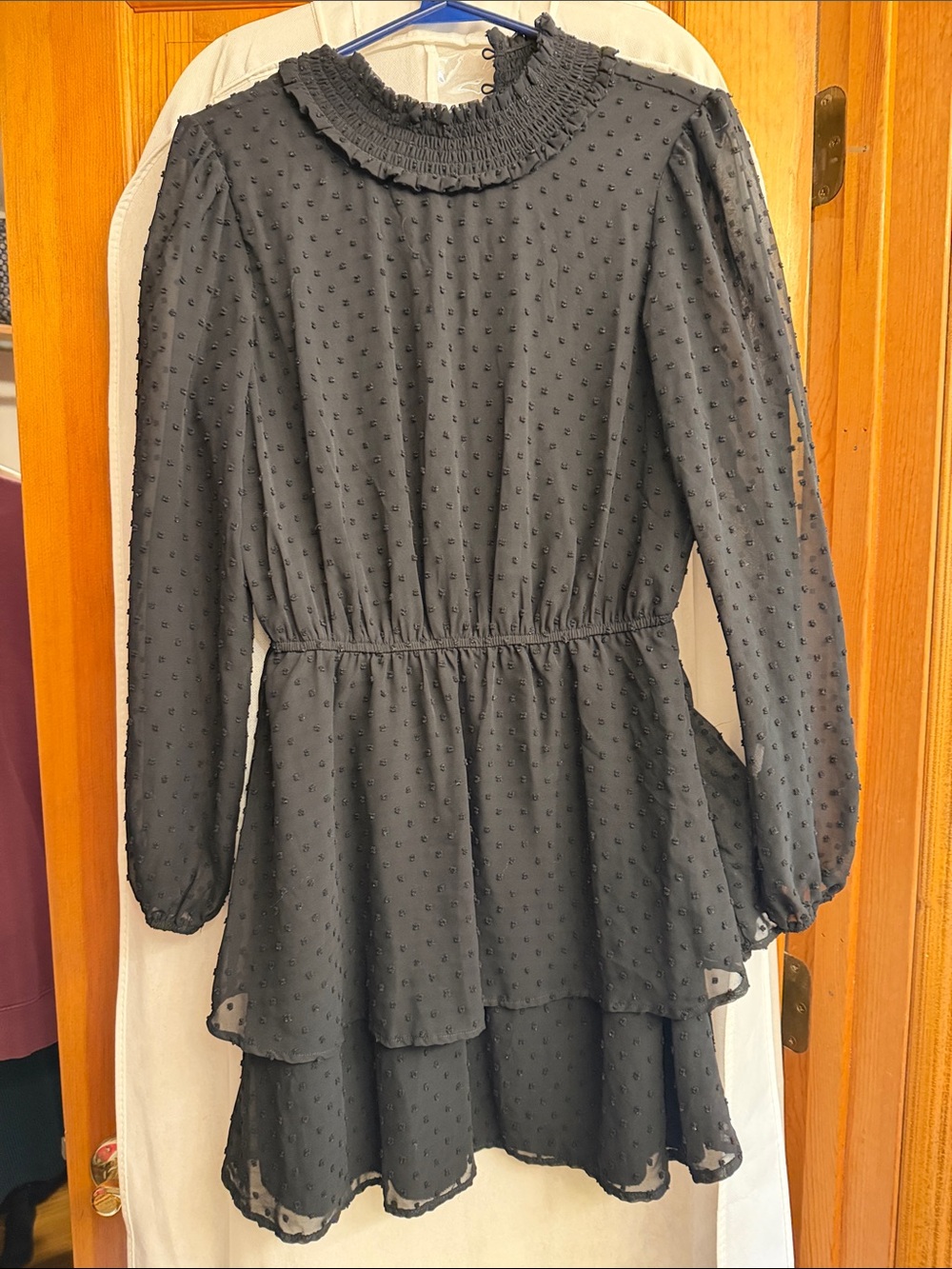 Girls' Black Swiss Dot Tiered Long-Sleeve Dress